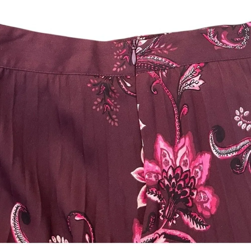 Chicos Design 0.5 or Size 6 Wine Pink Print Pleated Midi Skirt Lined NWT $119